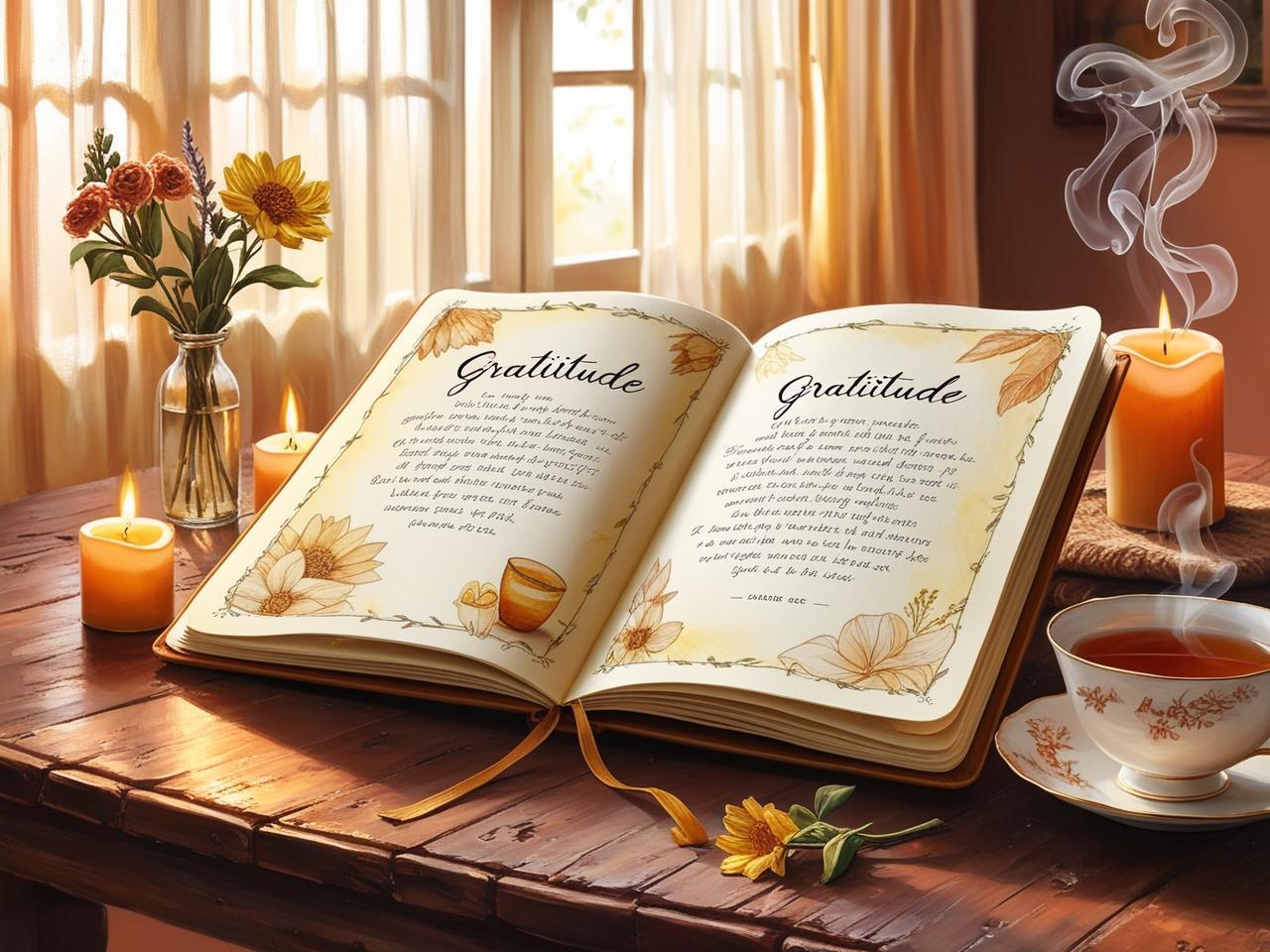 Gratitude journal open on a rustic wooden table